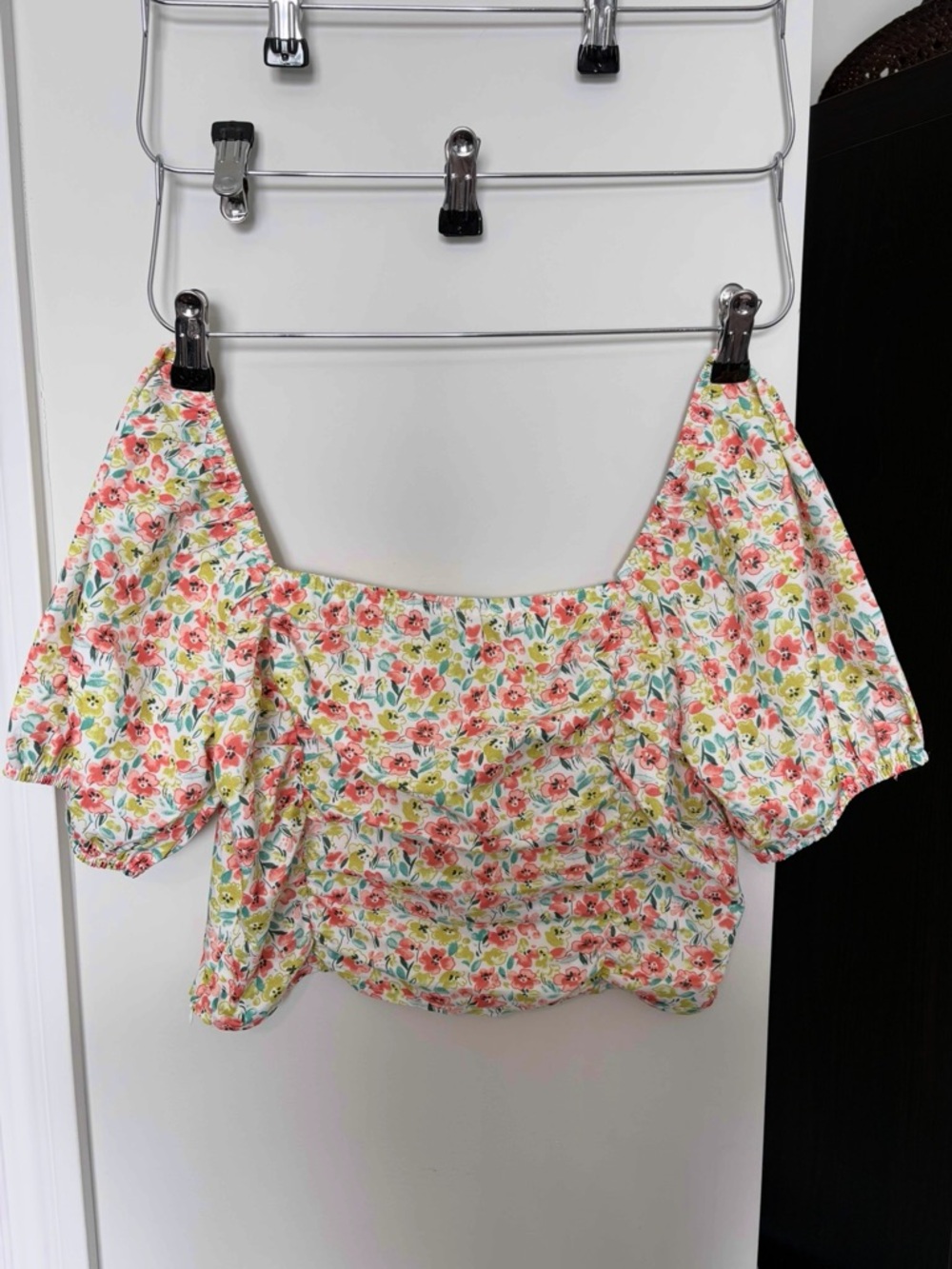 Floral Puff Sleeve Crop Top - Pink/Yellow
